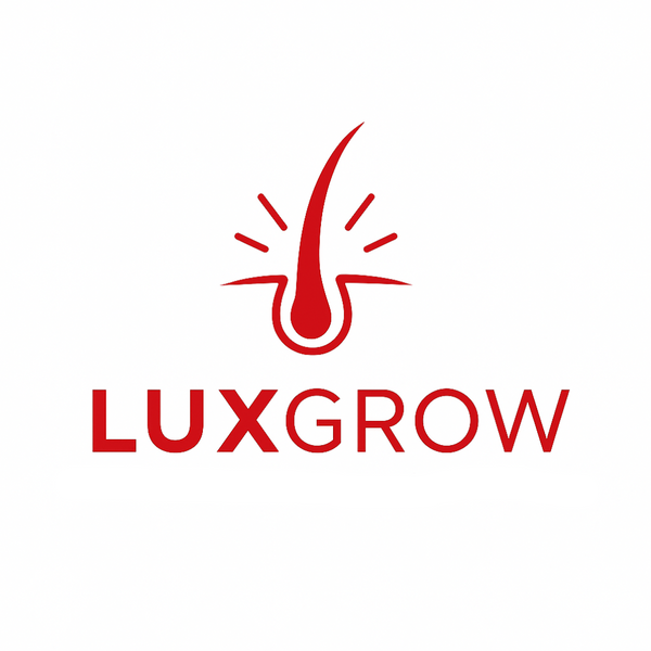 LUXGROW logo with red hair follicle icon and text on a white background